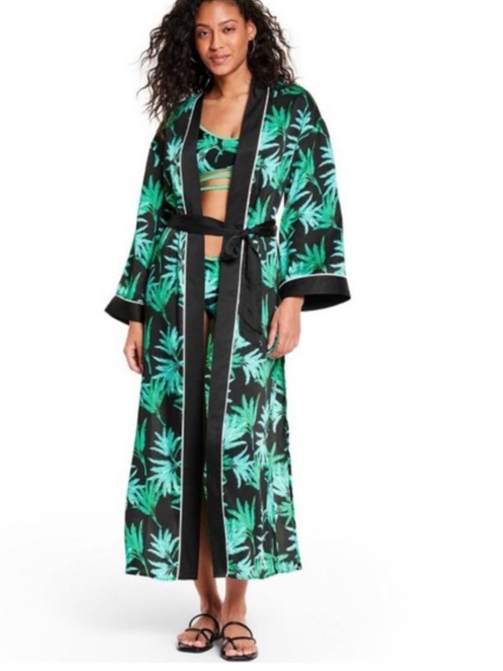Fe Noel for target Women's Black Satin Long Robe with Green Palm Print Xs